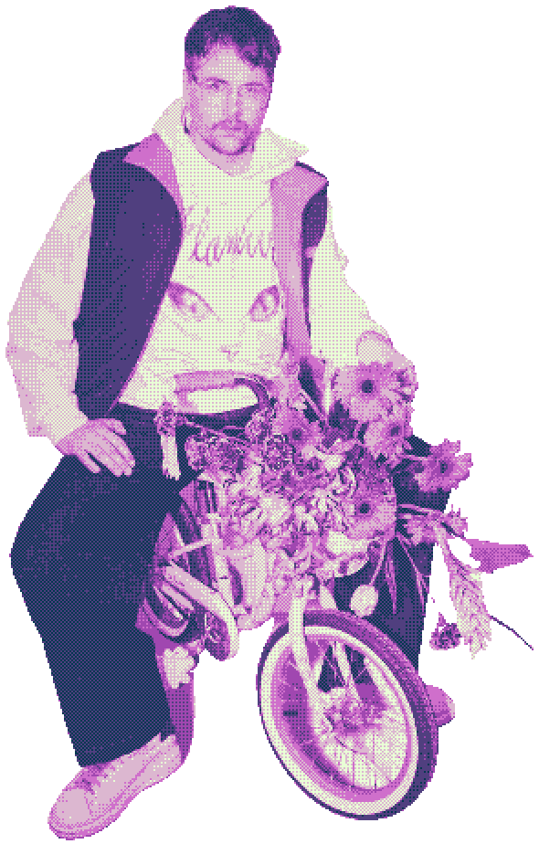 Machinedrum on a pink kids bike with flowers, dithered
